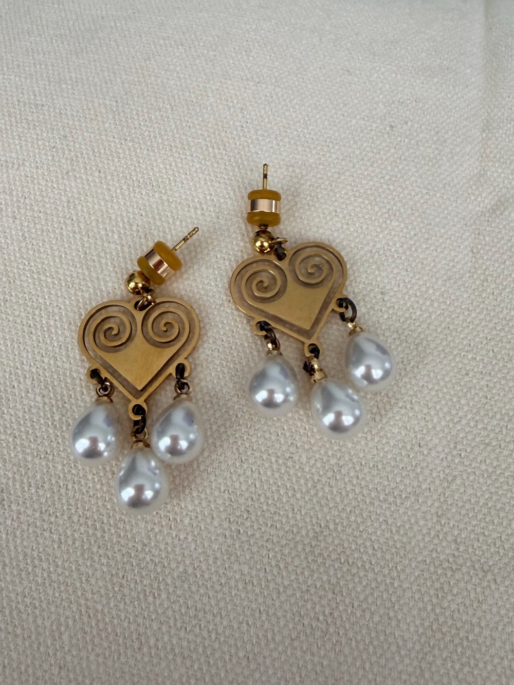 Gold Heart Drop Earrings with Pearl Dangles